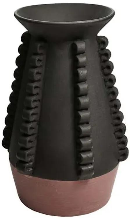 Black Terracotta Ceramic Vase with Ruffled Ribbon, 13.8"
