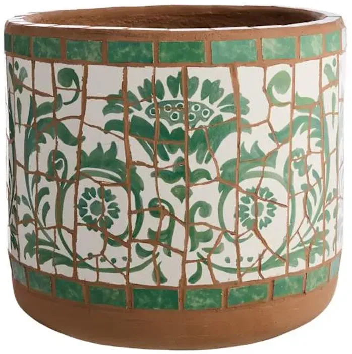 Handcrafted Green & White Mosaic Round Outdoor Planter, Small