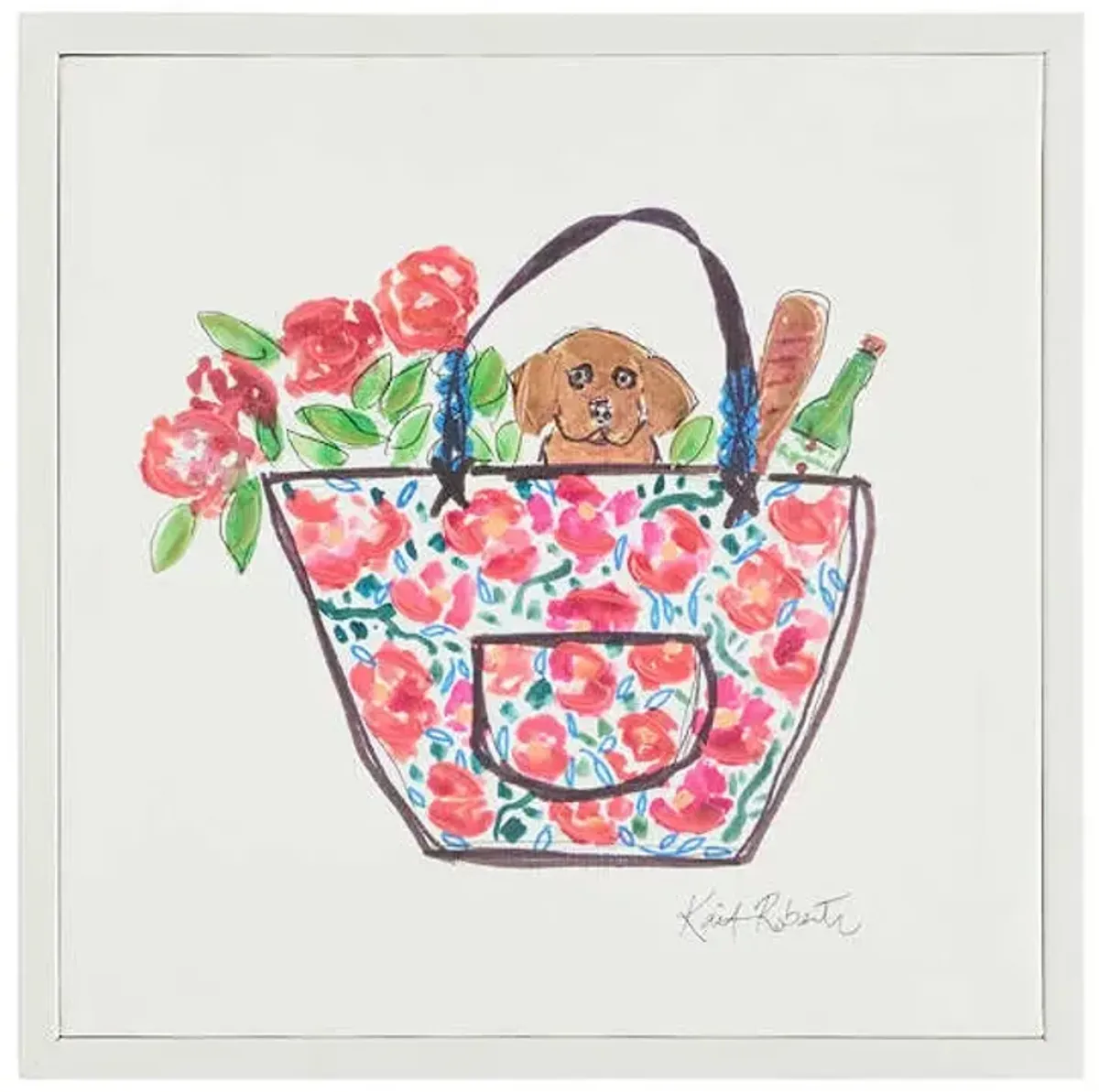 Kait Roberts Hand Painted Dog in Purse with Baguette Framed Wall Art, 13"