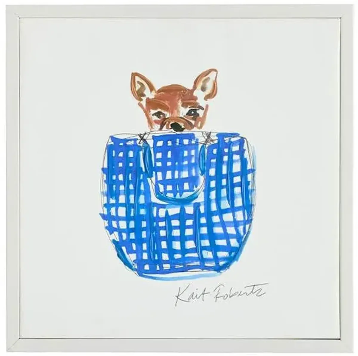 Kait Roberts Hand Painted Dog in Blue Gingham Purse Framed Wall Art, 13"