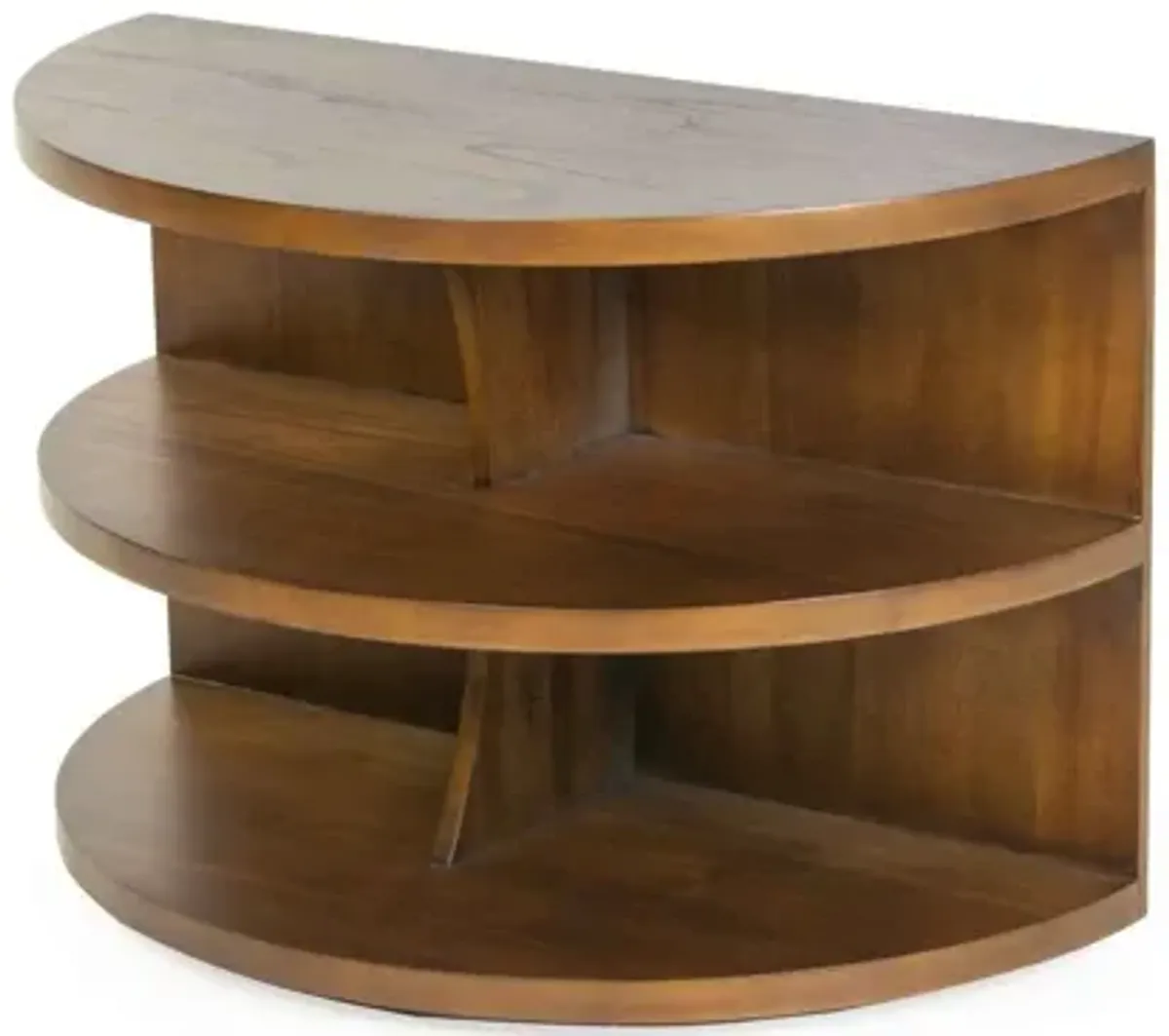 Half-Moon Sofa Table with 2 Shelves – Warm Walnut