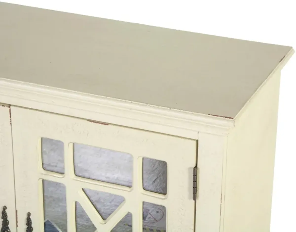 Antique White 2-Door Accent Cabinet — Tempered Glass Lattice Doors, Adjustable Shelf