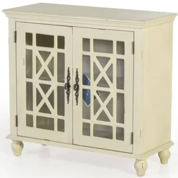 Antique White 2-Door Accent Cabinet — Tempered Glass Lattice Doors, Adjustable Shelf