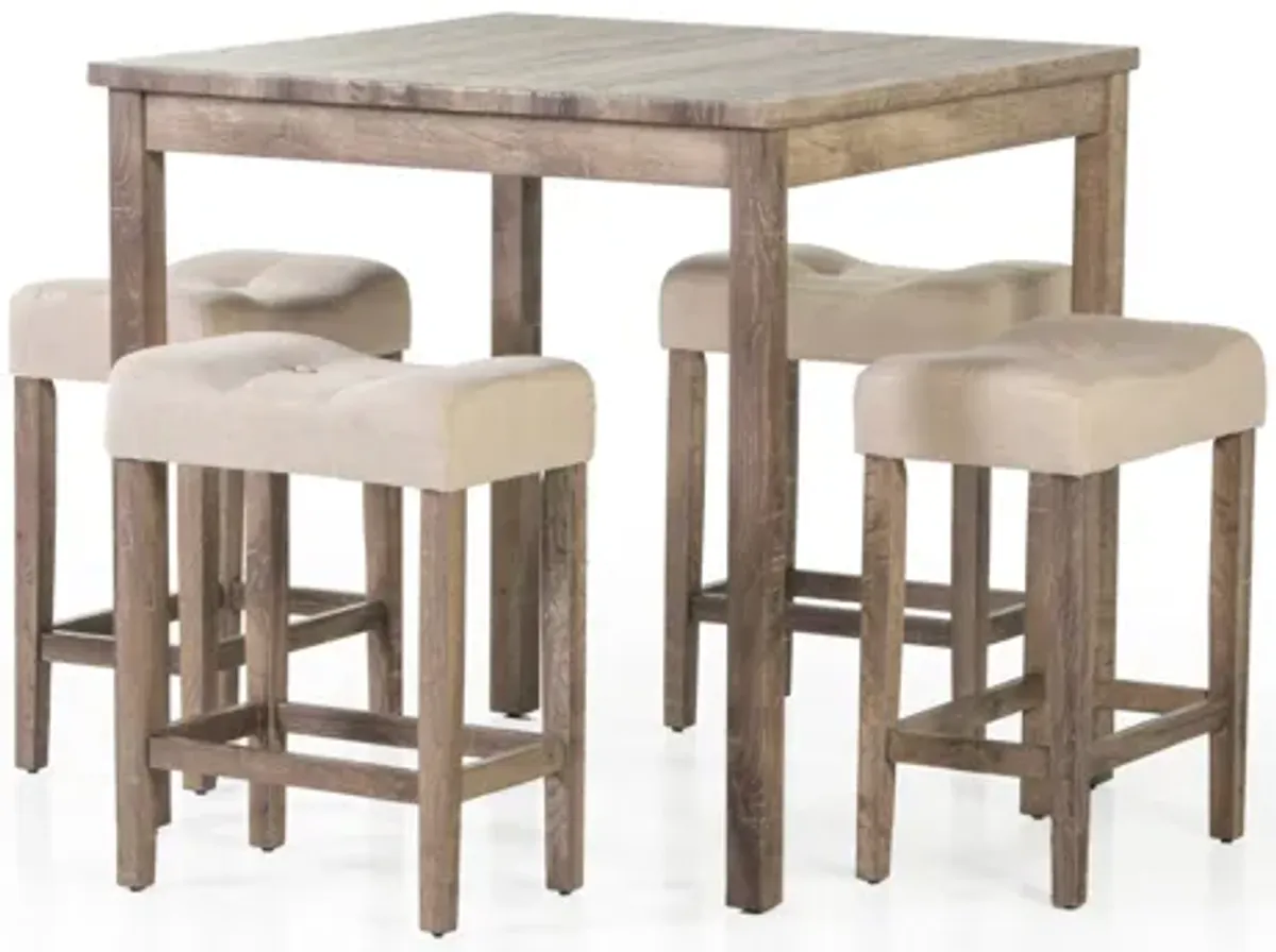 5-Piece Counter-Height Dining Set with Upholstered Backless Stools – Driftwood & Beige