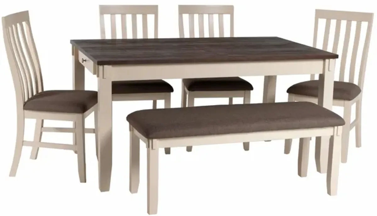 6-Piece Two-Tone Dining Set with Bench & Upholstered Chairs