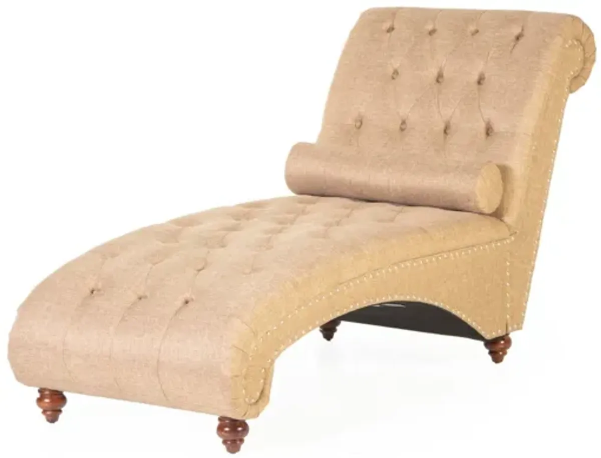 Light Brown Tufted Chaise Lounge with Nailhead Trim & Bolster Pillow