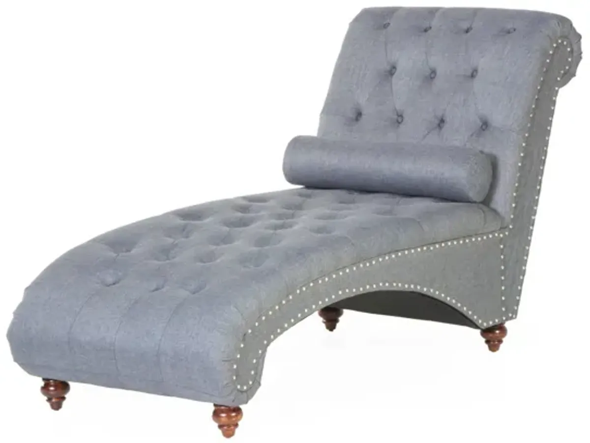 Gray Tufted Chaise Lounge with Nailhead Trim & Bolster Pillow