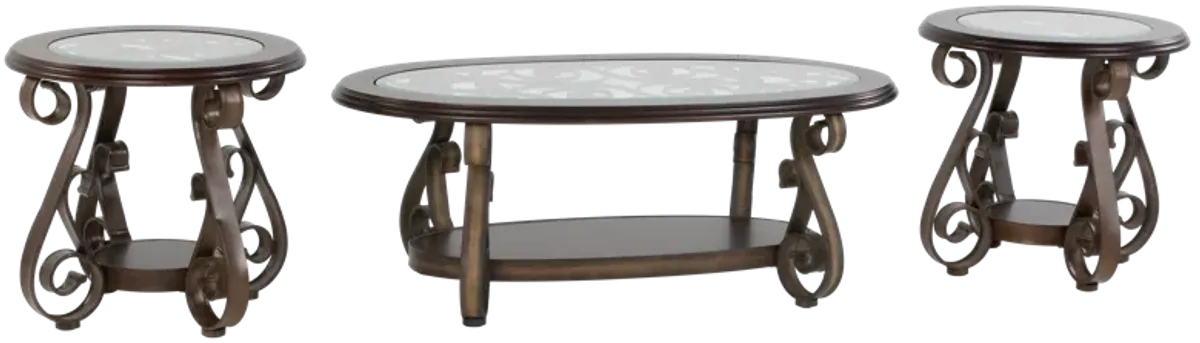 3-Piece Living Room Coffee Table Set with Glass Tops & Curved Metal Legs