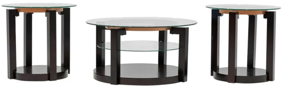 Avery 3-Piece Round Glass Coffee Table Set in Cherry Finish
