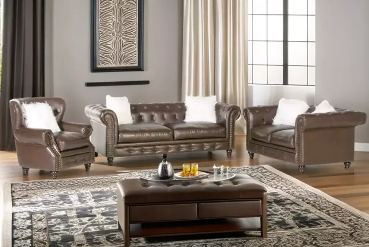 Brown Leather Chesterfield 3-Piece Living Room Set (Sofa, Loveseat & Chair)