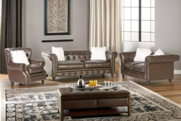 Brown Leather Chesterfield 3-Piece Living Room Set (Sofa, Loveseat & Chair)