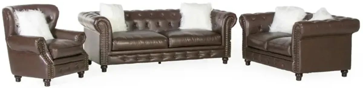 Brown Leather Chesterfield 3-Piece Living Room Set (Sofa, Loveseat & Chair)