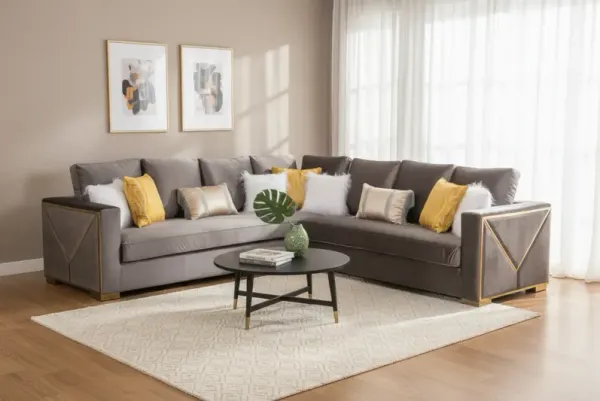 Sectional Sofa with Gold Trim and Plush Accent Pillows