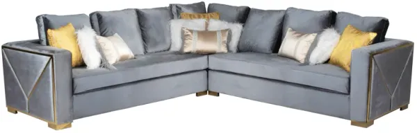 Modern Gray Velvet Sectional Sofa with Gold Trim & Accent Pillows
