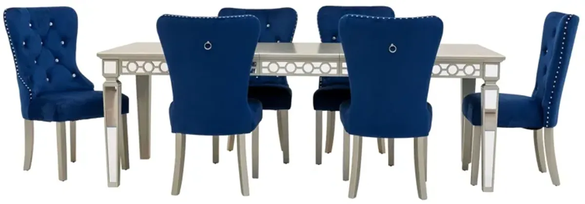 Glam 7-Piece Dining Set with Silver Table & Blue Velvet Tufted Chairs