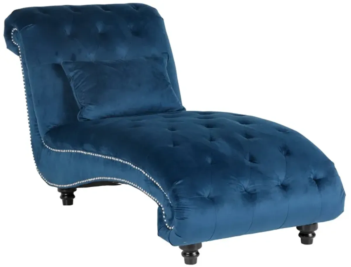 Blue Velvet Tufted Chaise Lounge with Nailhead Trim & Lumbar Pillow