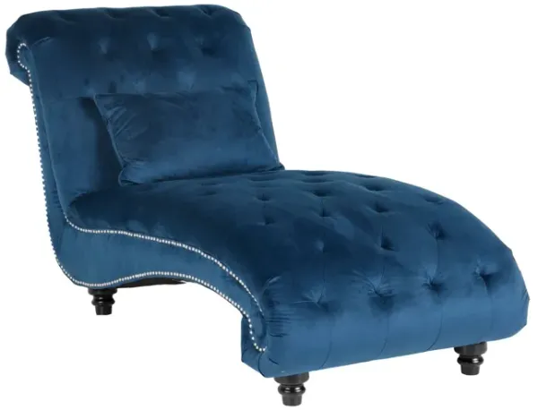 Blue Velvet Tufted Chaise Lounge with Nailhead Trim & Lumbar Pillow