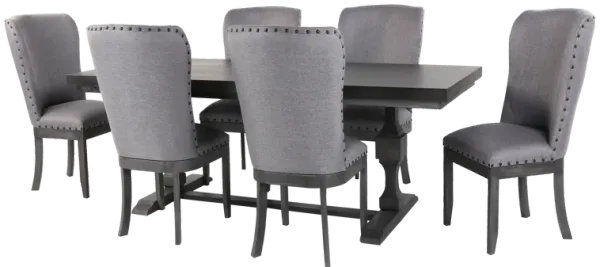 Charles Grey 7-Piece Solid Wood Dining Set with Upholstered Nailhead Chairs
