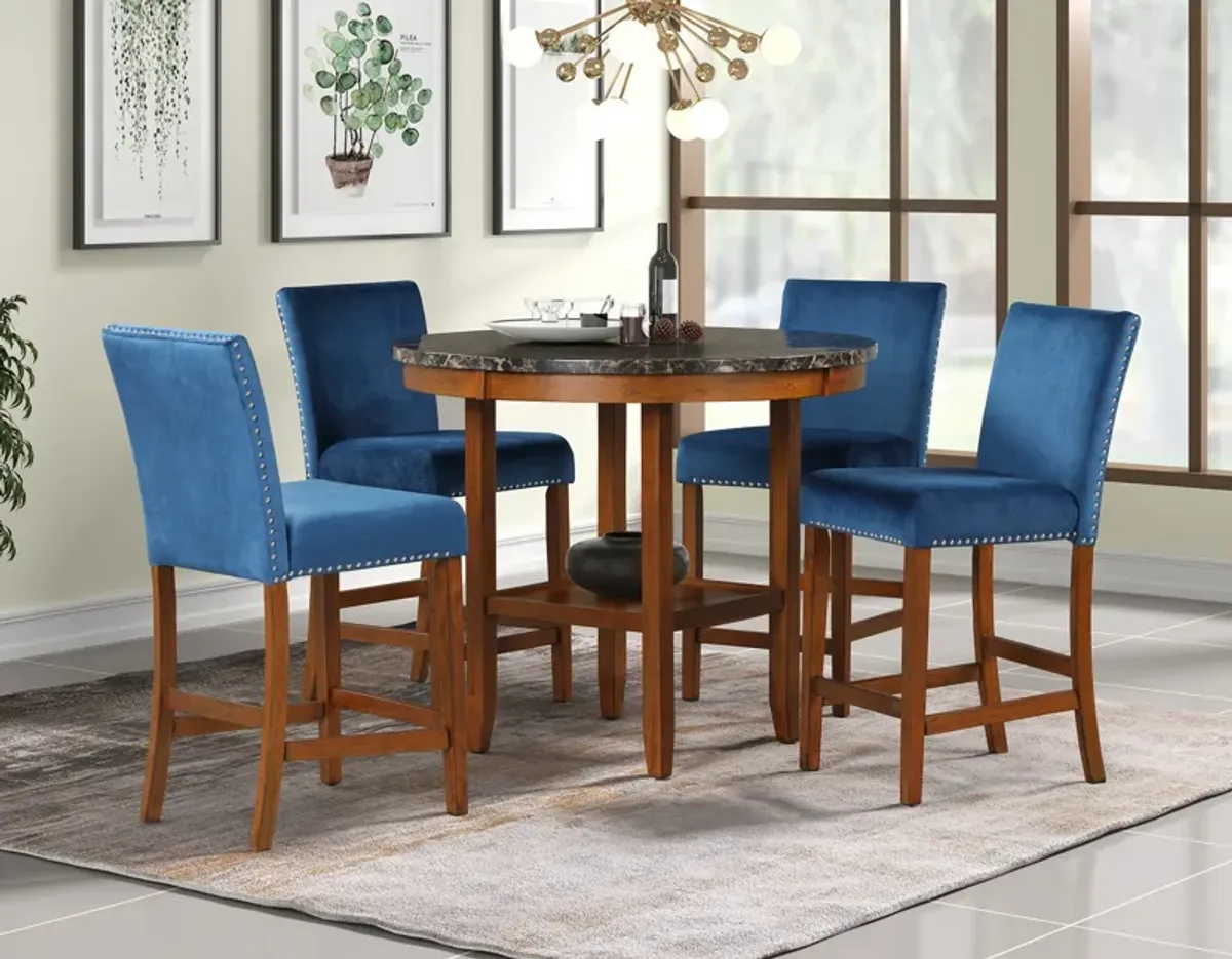 5-Piece Counter-Height Dining Set — Round Faux Marble Top & Blue Nailhead Stools