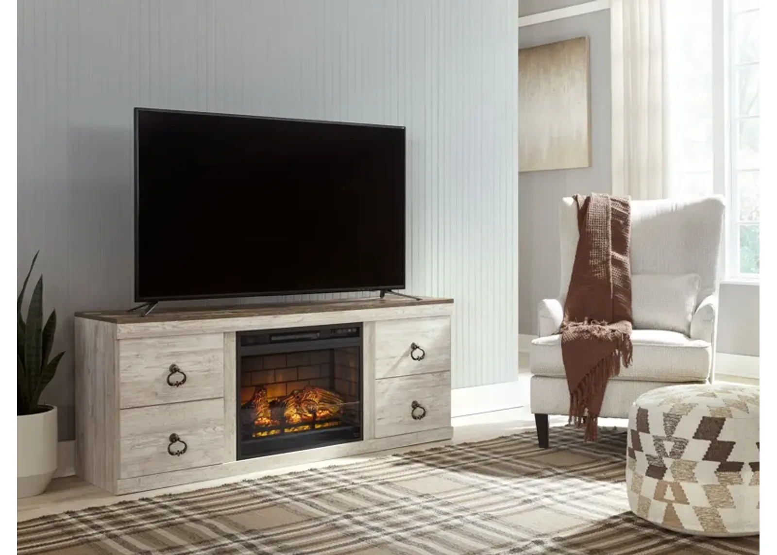 Willowton - Whitewash - 2 Pc. - TV Stand With Faux Firebrick Fireplace Insert