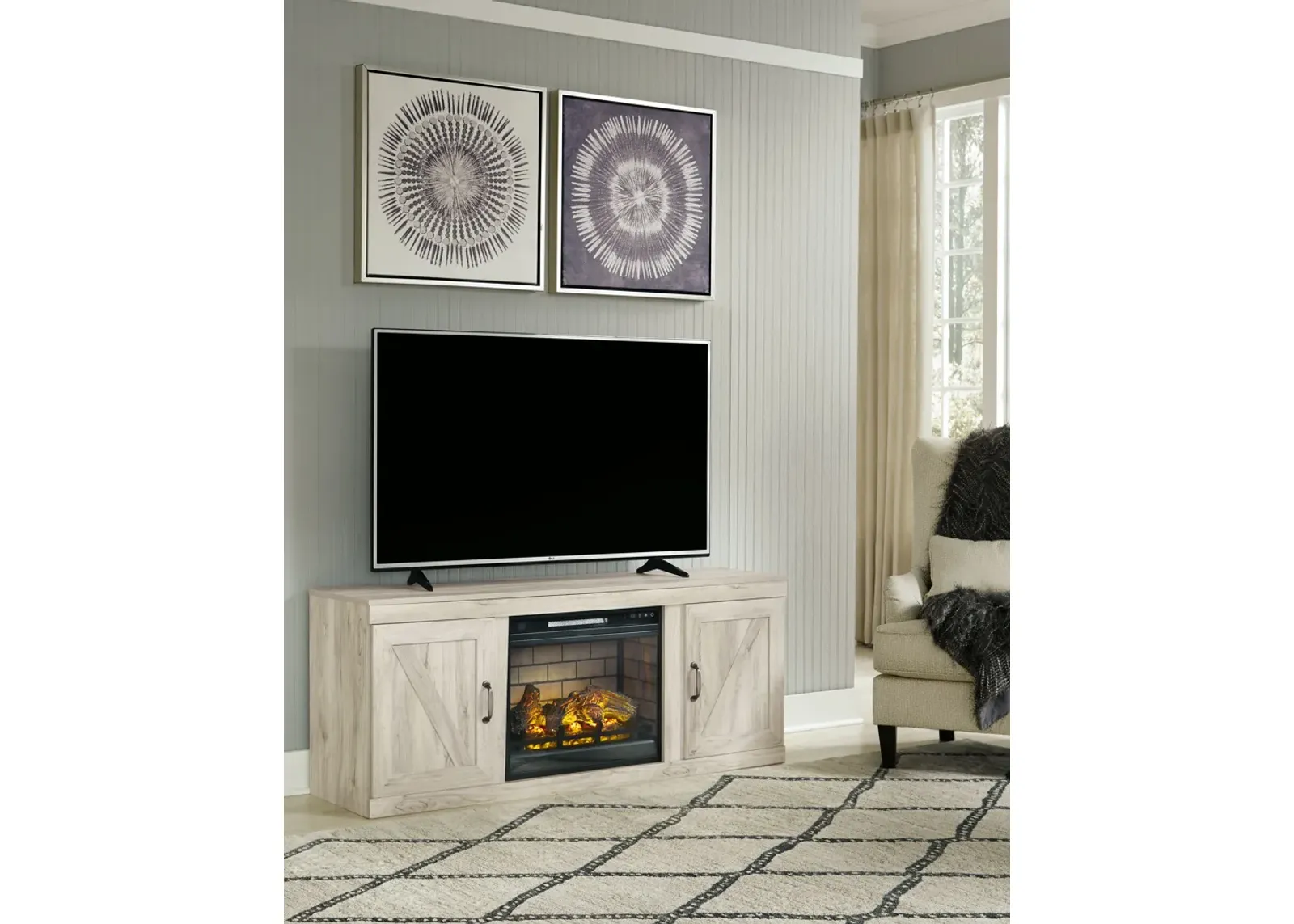 Bellaby - Whitewash - TV Stand With Faux Firebrick Fireplace Insert