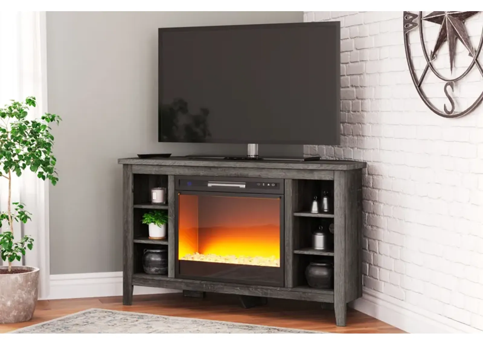 Arlenbry - Gray - Corner TV Stand With Glass/Stone Fireplace Insert