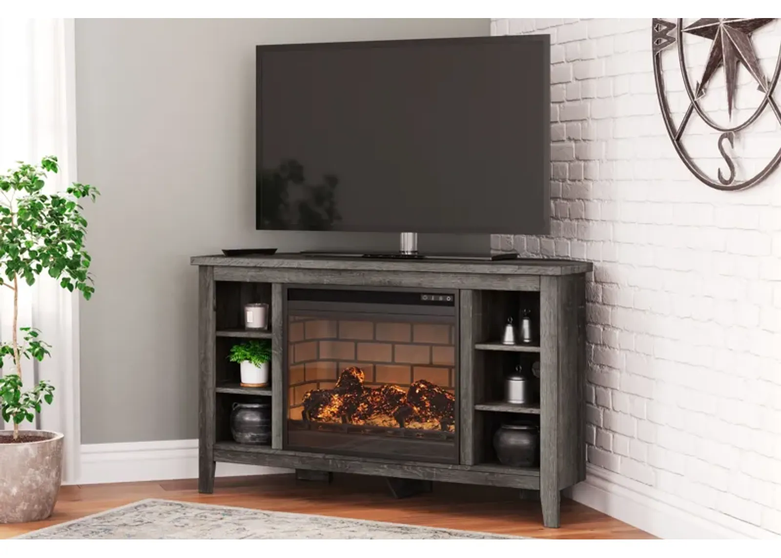 Arlenbry - Gray - Corner TV Stand With Faux Firebrick Fireplace Insert