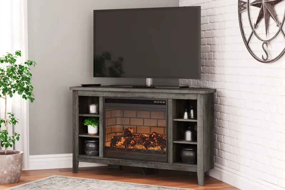 Arlenbry - Gray - Corner TV Stand With Faux Firebrick Fireplace Insert