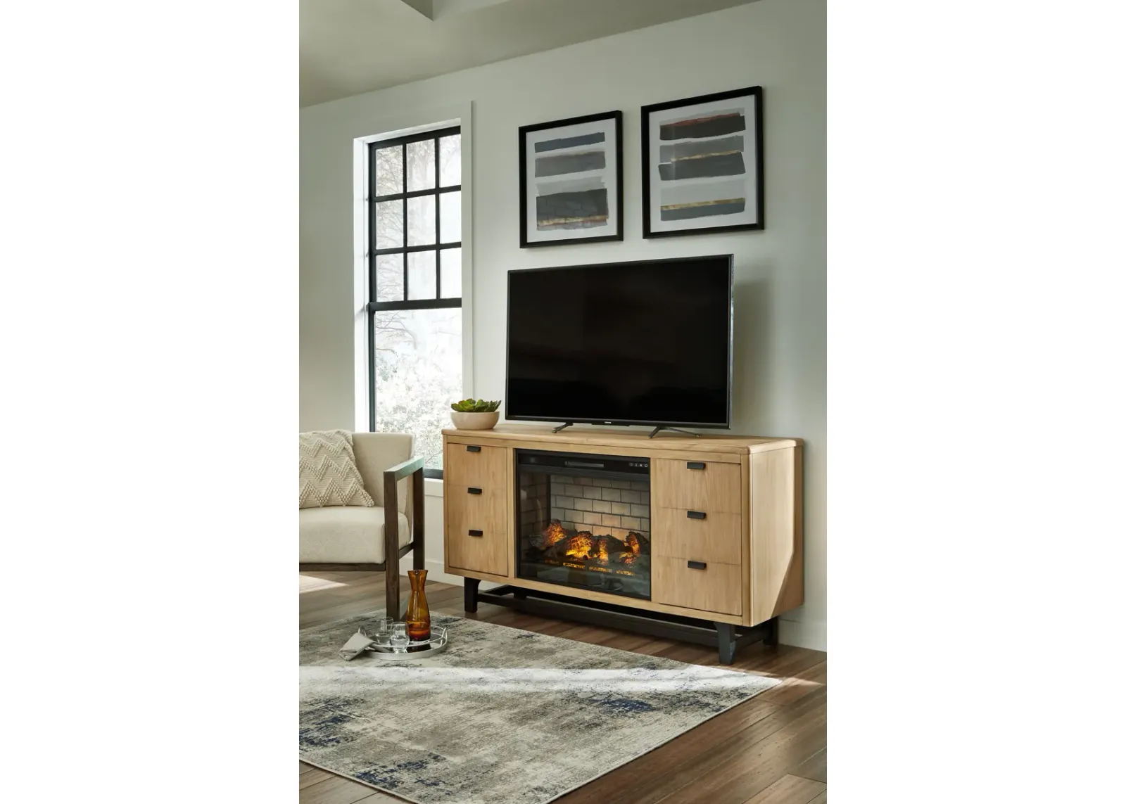 Freslowe - Light Brown / Black - TV Stand With Electric Infrared Fireplace Insert