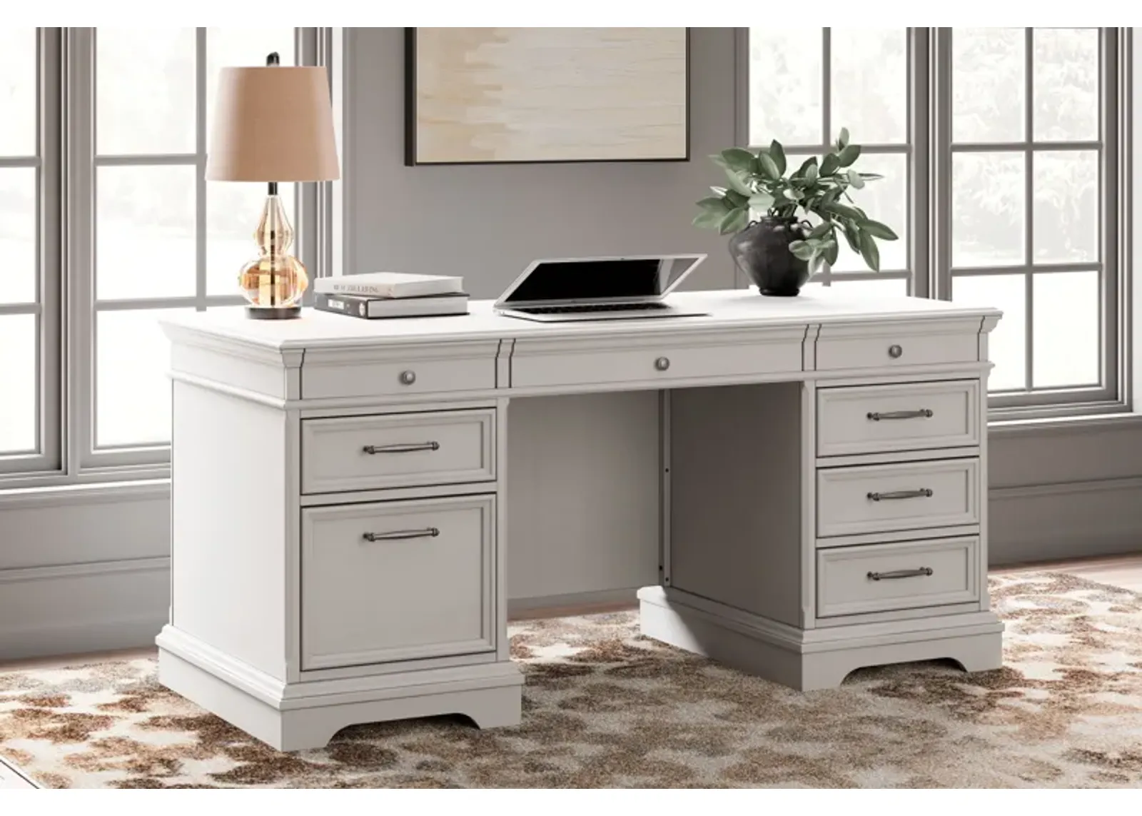 Kanwyn - Whitewash - Home Office Desk With Eight Drawers