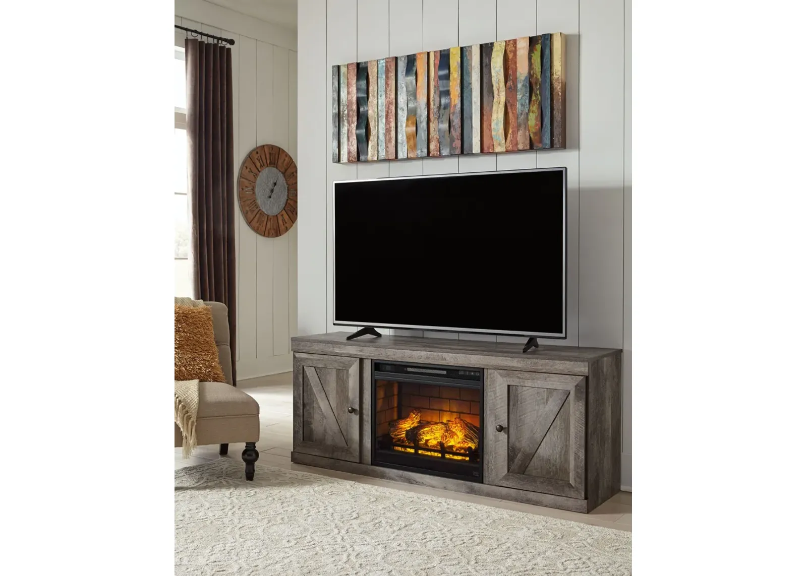 Wynnlow - Gray - TV Stand With Faux Firebrick Fireplace Insert