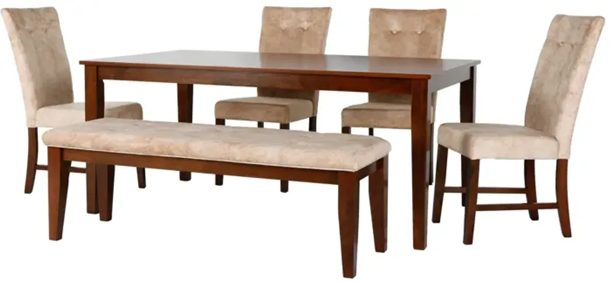 Transitional Brown Cherry 6-Piece Dining Set – 67" Table, Tufted Beige Upholstered Chairs & Bench