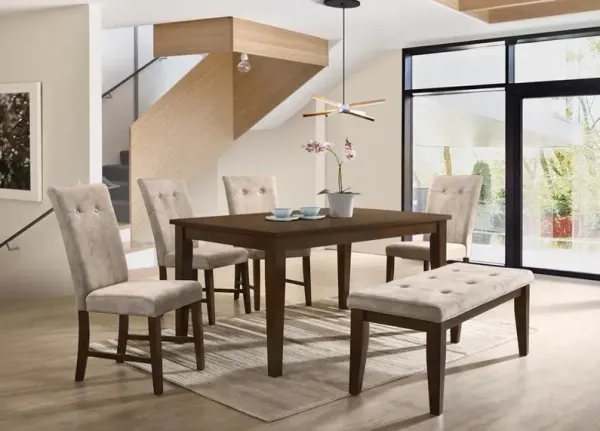 Transitional Brown Cherry 6-Piece Dining Set – 67" Table, Tufted Beige Upholstered Chairs & Bench