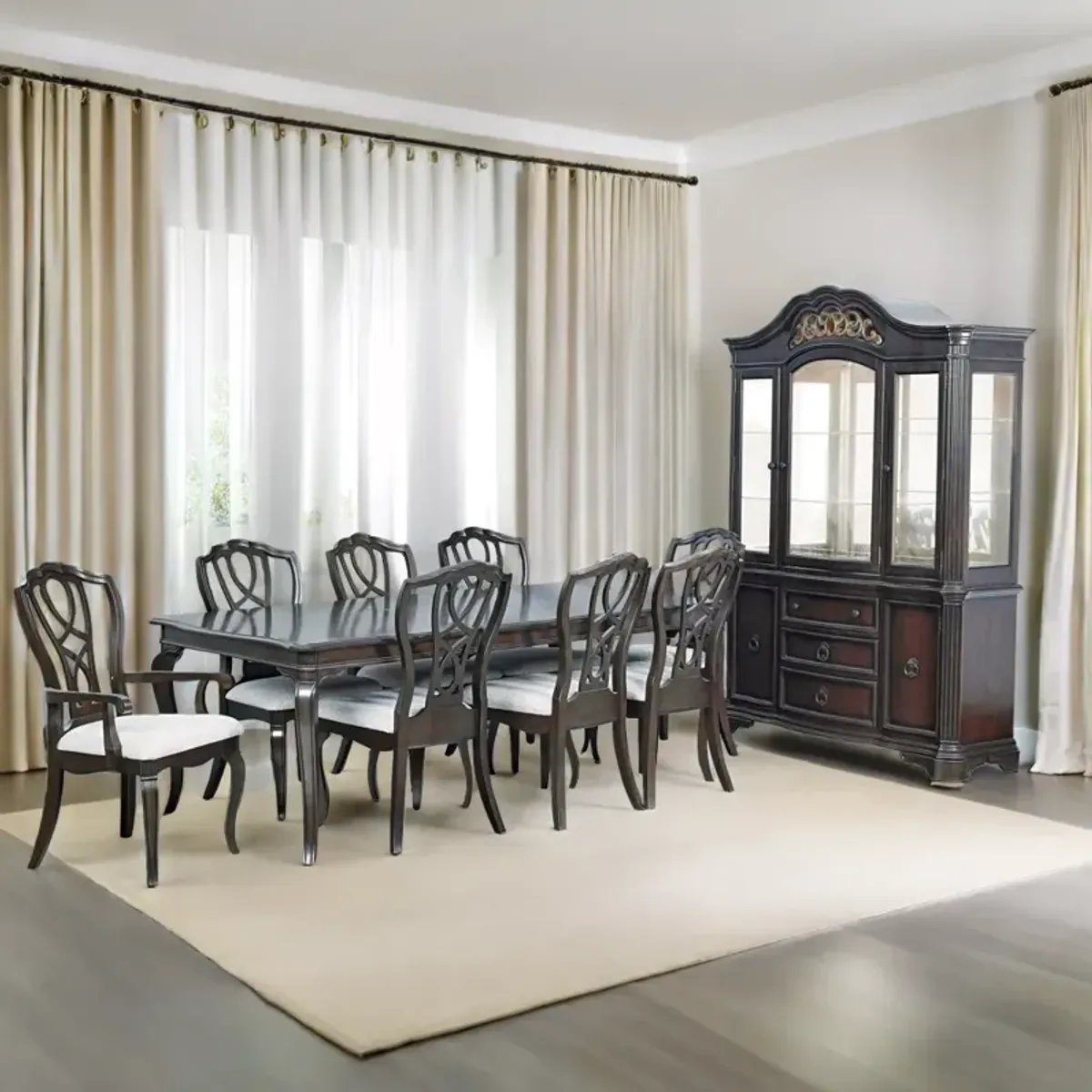 9-Piece Traditional Dining Set in Espresso (Table + 8 Upholstered Chairs)