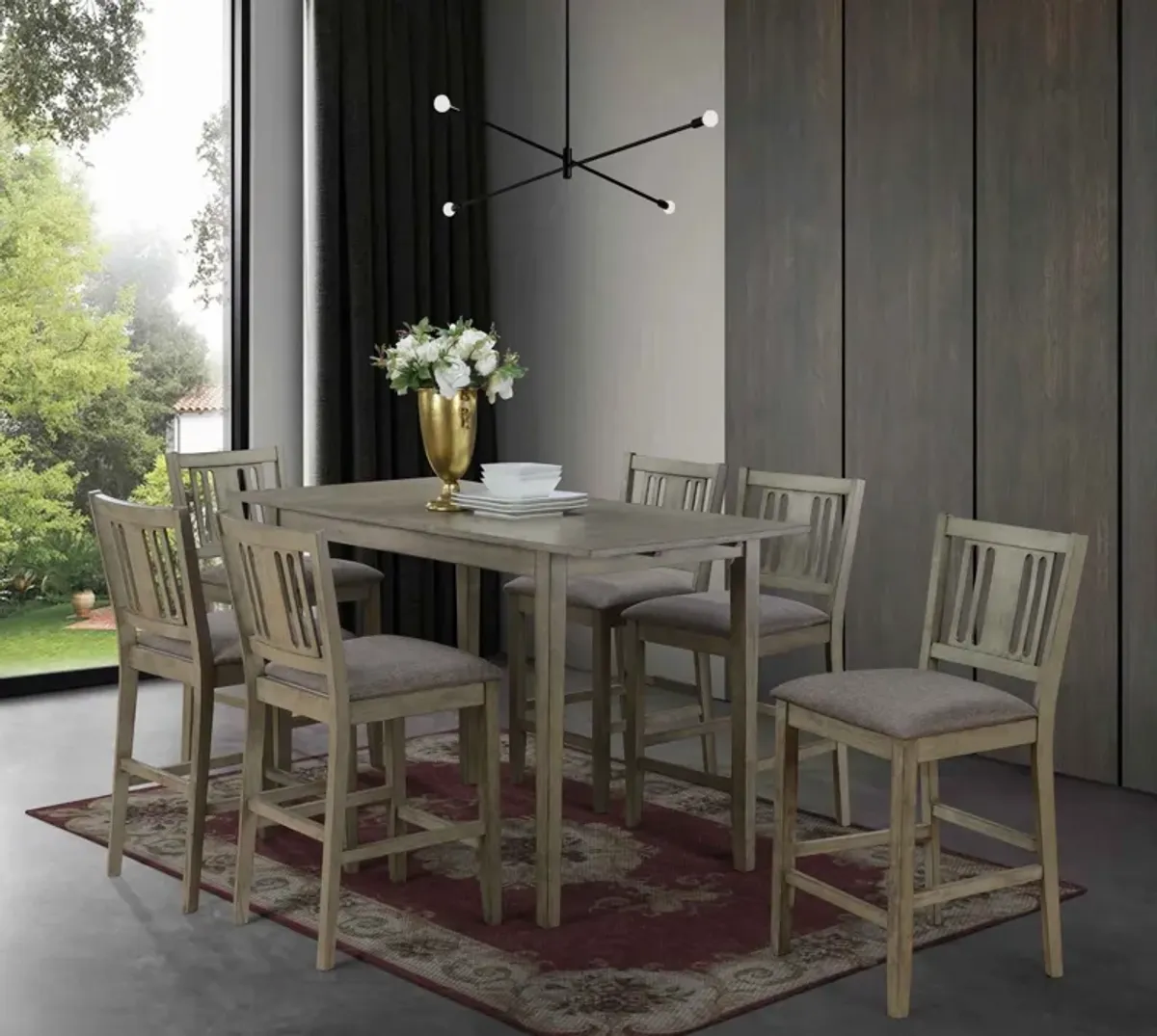 7-Piece Gray Counter-Height Dining Set with Square Table and Upholstered Chairs