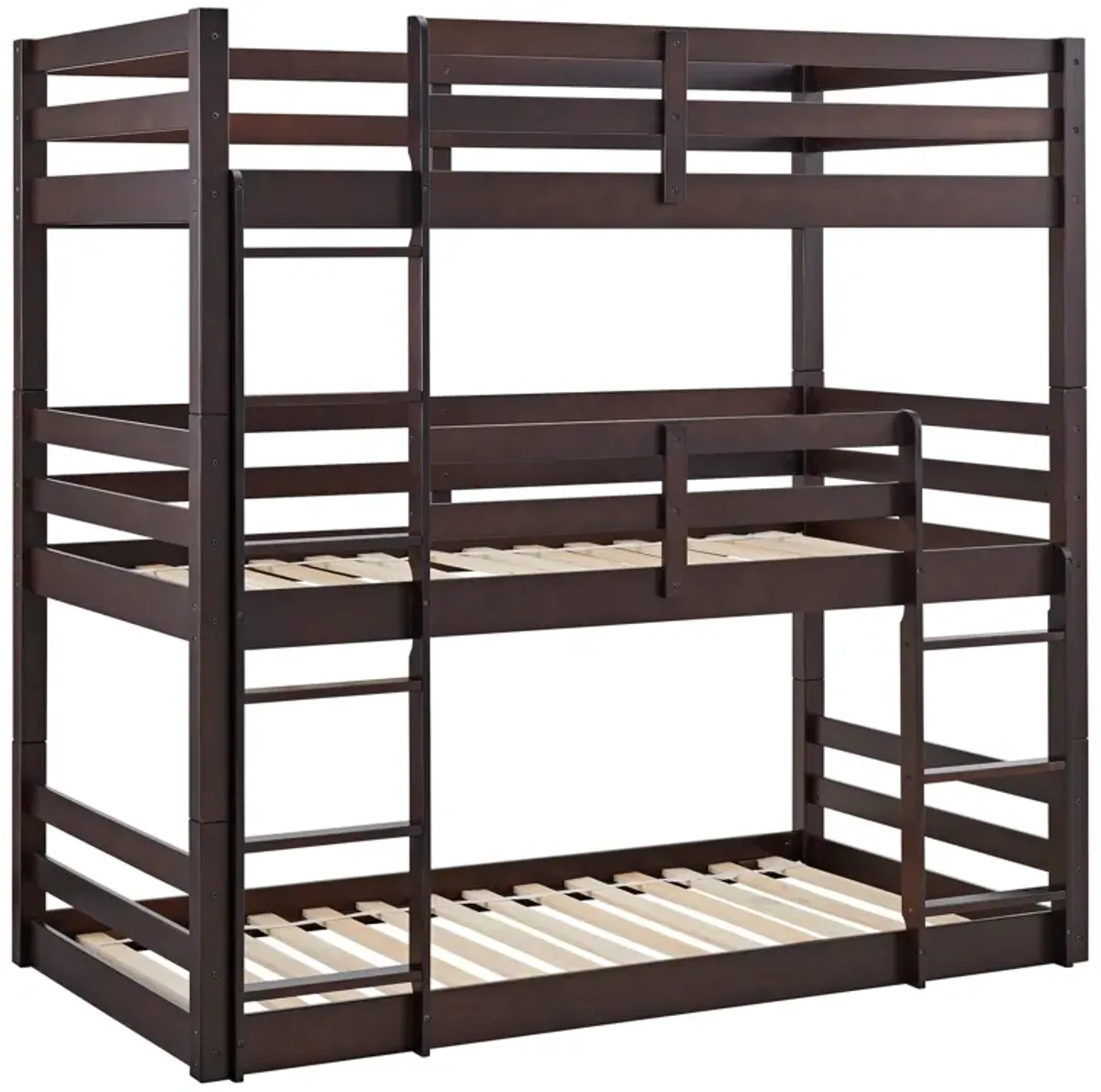 Espresso Triple Twin Bunk Bed with Ladders & Guardrails