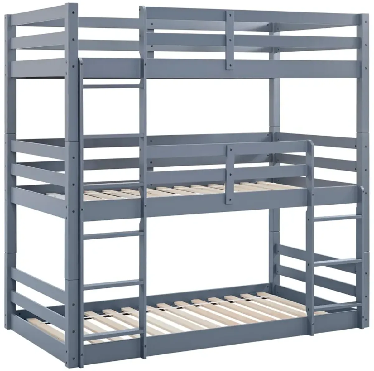 Gray Triple Twin Bunk Bed with Safety Rails & Dual Ladders