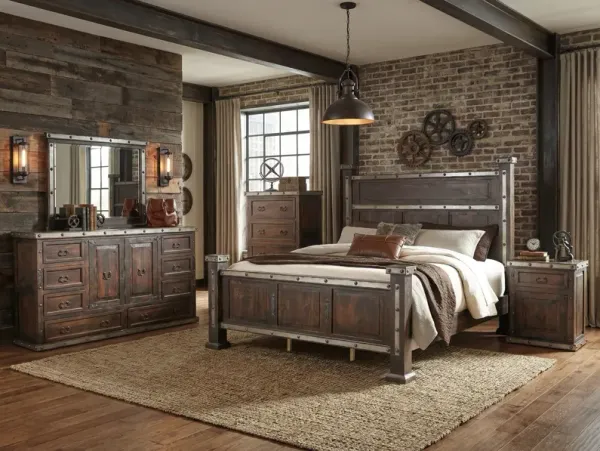 6-Piece Rustic Brown Hacienda Bedroom Set with Bed, Dresser, Mirror & Nightstand