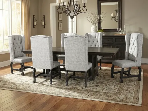 Traditional Dark Wood Dining Table Set with Light Gray Tufted Nailhead Chairs
