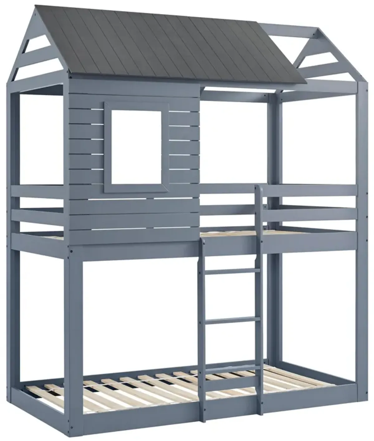 Light Gray Twin House Bunk Bed with Dark Gray Roof