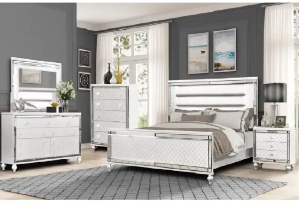 Modern Glam White Upholstered Panel 6-Piece Bedroom Set – Bed, Dresser, Mirror & Nightstand