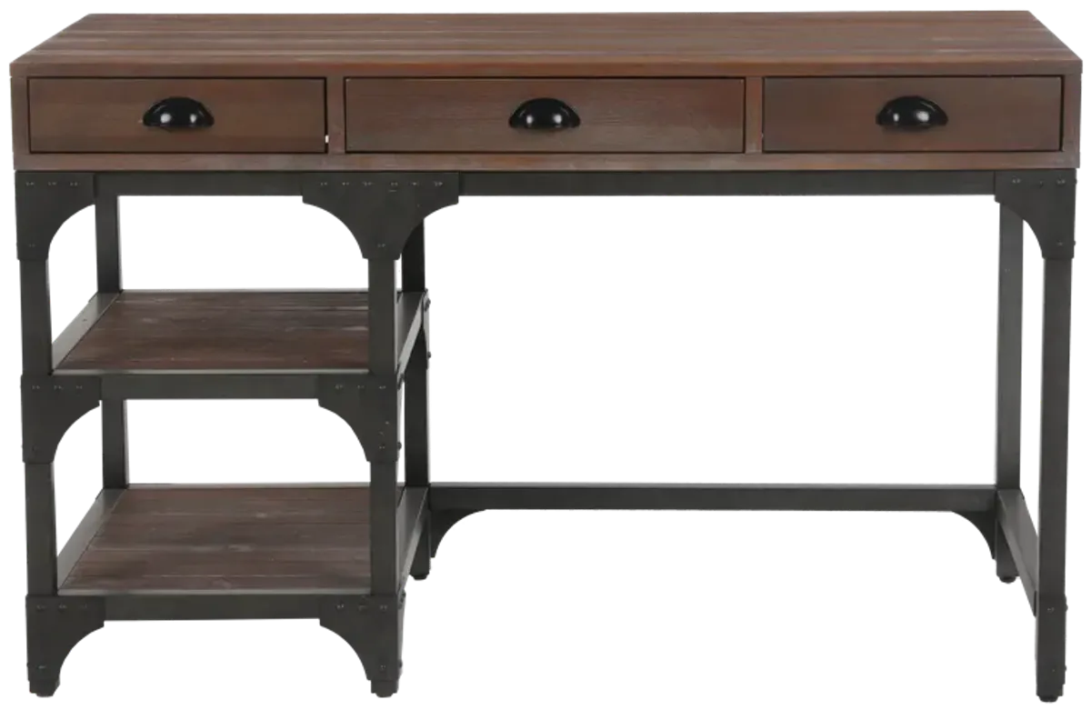 Espresso Desk — Wood Top, Metal Frame, 3 Drawers & 2 Open Shelves