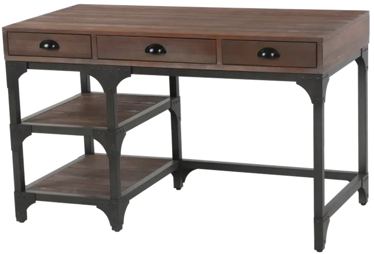 Espresso Desk — Wood Top, Metal Frame, 3 Drawers & 2 Open Shelves