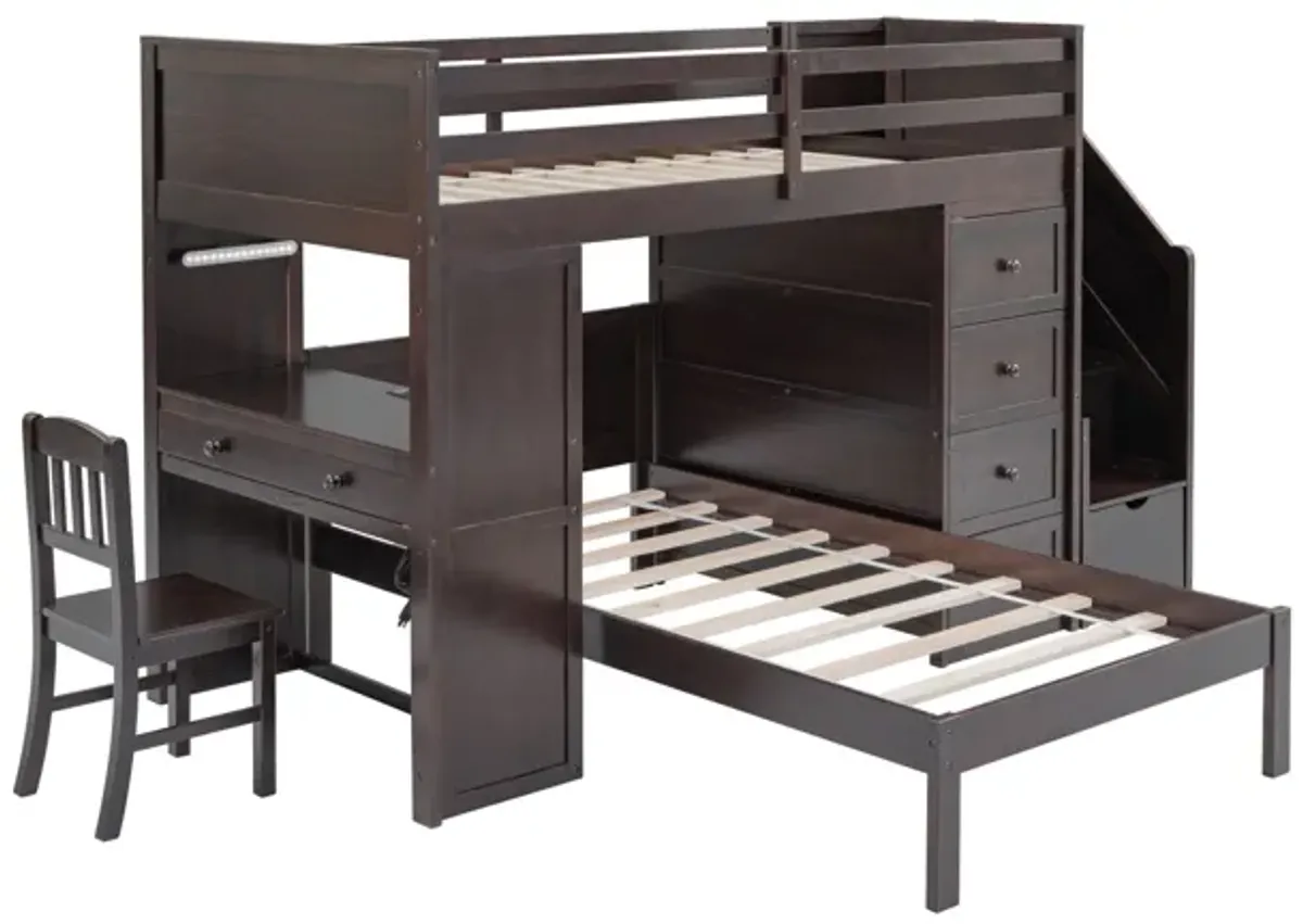 Twin Bunk Bed Set with Storage Stairs, Desk, and Chair – Espresso Finish