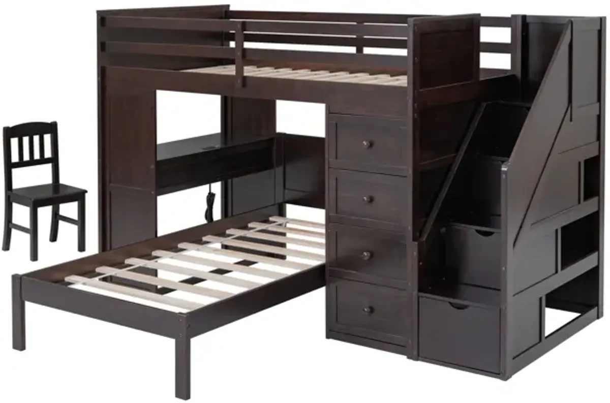 Twin Bunk Bed Set with Storage Stairs, Desk, and Chair – Espresso Finish