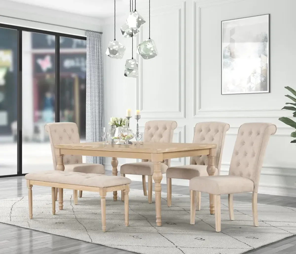 6 Piece Dining Table Set with Bench – Light Wood & Beige Upholstered Chairs