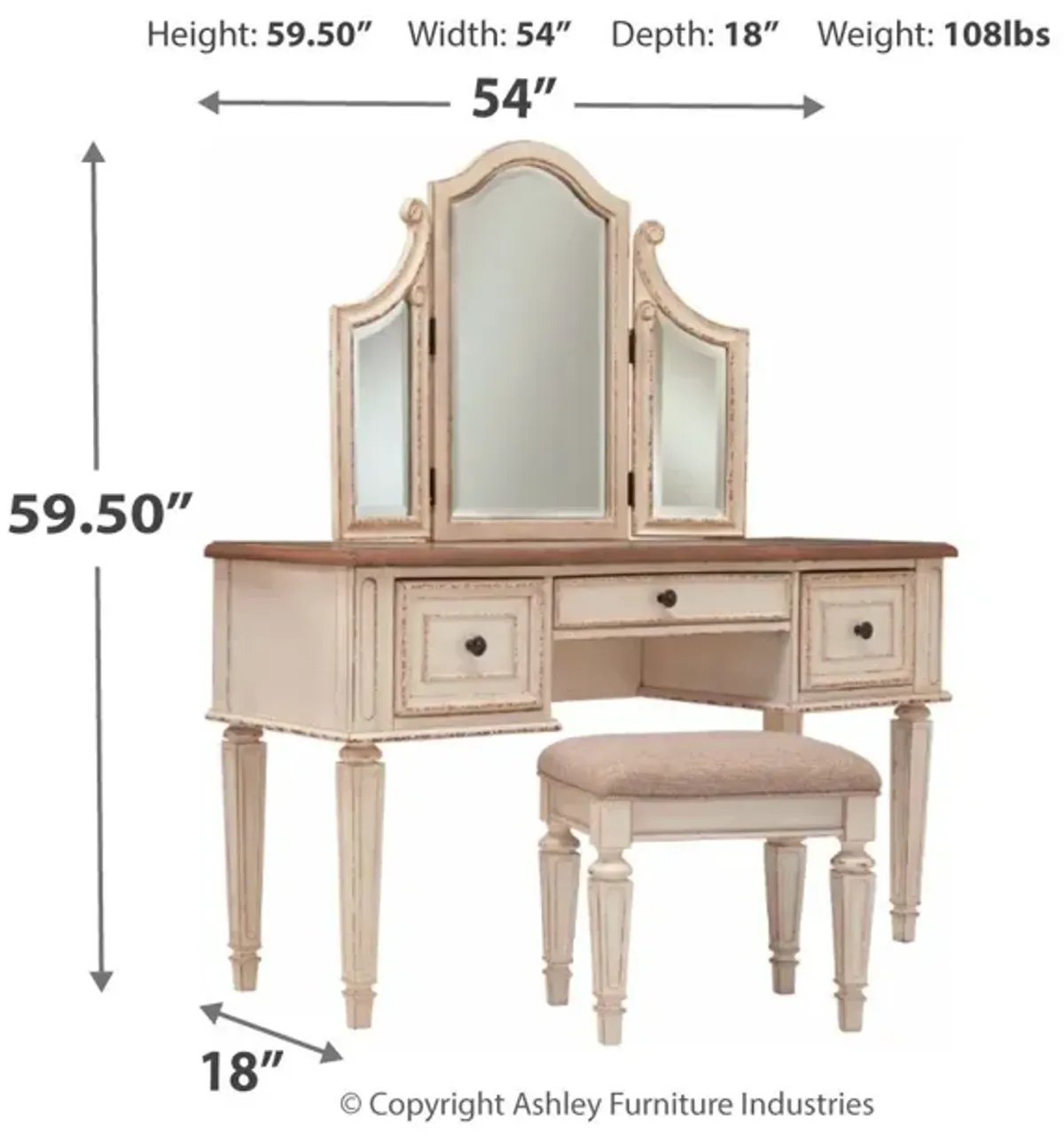 Realyn - White / Brown / Beige - Vanity/Mirror/Stool (Set of 3)