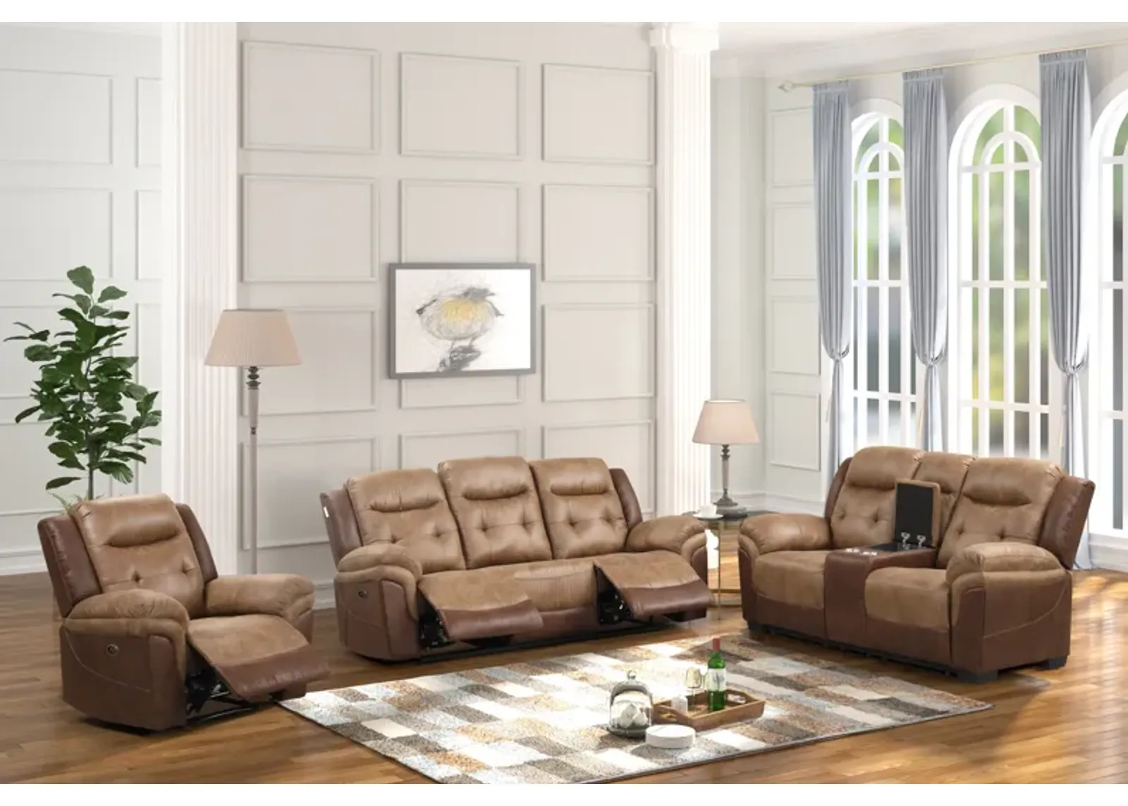 3 Piece Living Room Set: Power Reclining Sofa, Power Reclining Chair, Stationary Loveseat