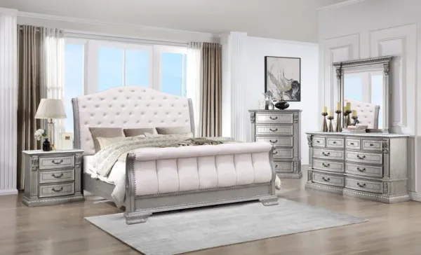Platinum Upholstered Sleigh Bedroom Set — Bed, Dresser & Mirror, Nightstand