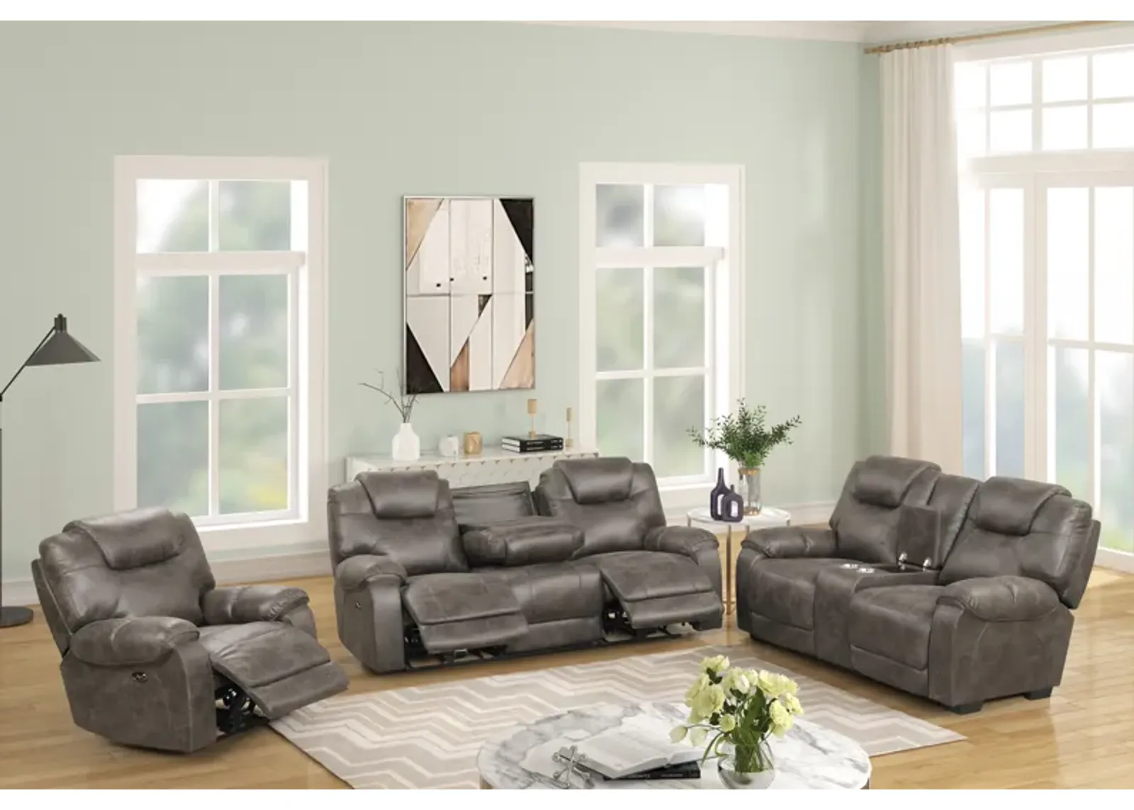 3 Piece Living Room Set: Power Reclining Sofa, Power Reclining Chair, Stationary Loveseat